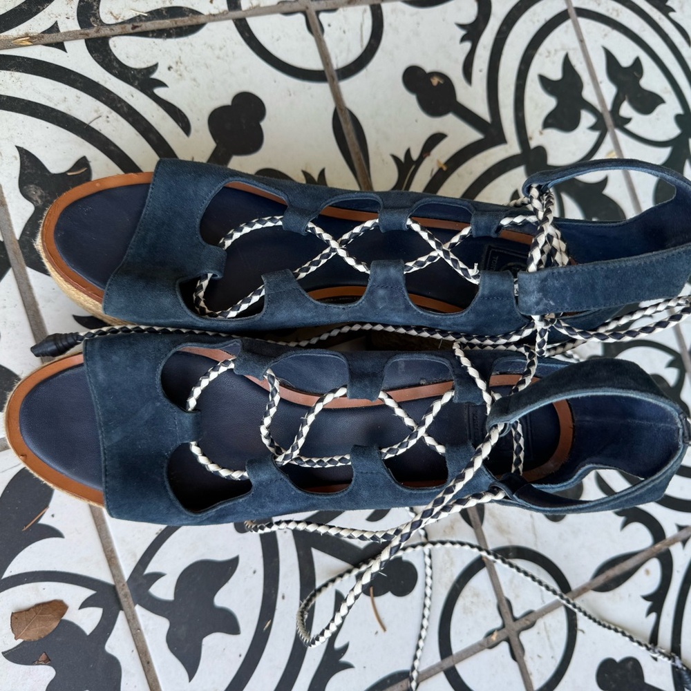 Tory Burch Suede Lace-Up Espadrille Platform Sandals - Navy 10 - Picture 2 of 4